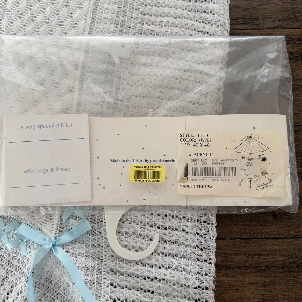 Julius Berger Baby Christening Blanket‎ White Acrylic Lace Blue Ribbon USA 40x40
